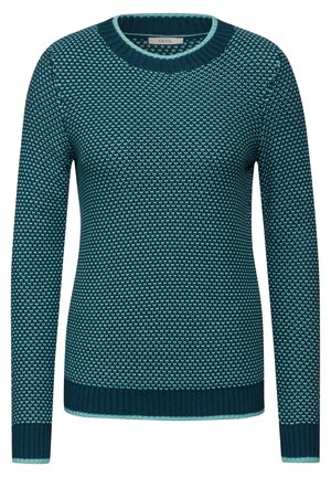 Teal gebreide trui met een textuurpatroon, geribbelde manchetten en een geribbelde halslijn, met lichtere blauwe accenten langs de randen. Regular fit.