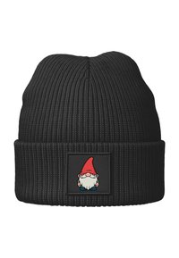 Schwarze gerippte Strickmütze mit einem rechteckigen Aufnäher, der ein Cartoon-Zwerg-Design zeigt, mit lebendigen Farben und strukturierter Oberfläche.