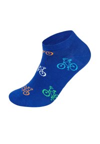 Blauwe enkelsok van een katoenmix, met meerkleurige fiets patronen in groen, wit en oranje op het oppervlak.