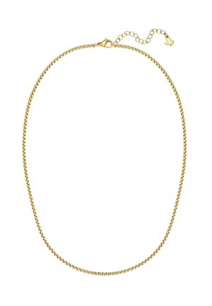 Collana a catena tono oro con maglie a scatola, chiusura a moschettone e catena di estensione regolabile che termina con un piccolo ciondolo a forma di cuore.