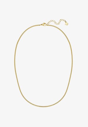Collier chaîne ton or avec maillons carrés, fermoir mousqueton et chaîne d’extension réglable se terminant par un petit pendentif en forme de cœur.