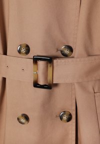 Beiger Trenchcoat im Detail mit doppelter Knopfleiste, abgerundeten dunklen Knöpfen mit Blumenmuster und einem breiten Gürtel mit einer Schildpatt-Schnalle.