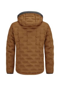 Braune gepolsterte Jacke mit strukturiertem Finish, ausgestattet mit einer Kapuze und grauem Futter, elastischen Manschetten und einem schlanken Design.