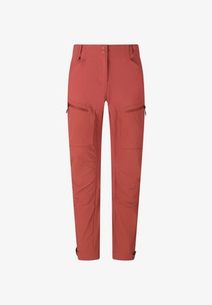 Udendørs bukser i rustrød med to lynlåslommer på låret, knaplukning, bæltestropper og justerbare ankelstropper.
