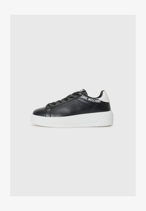 Black leather sneaker with white sole, rounded toe, and black laces. Features white "LOVE MOSCHINO" branding on the tongue and heel.