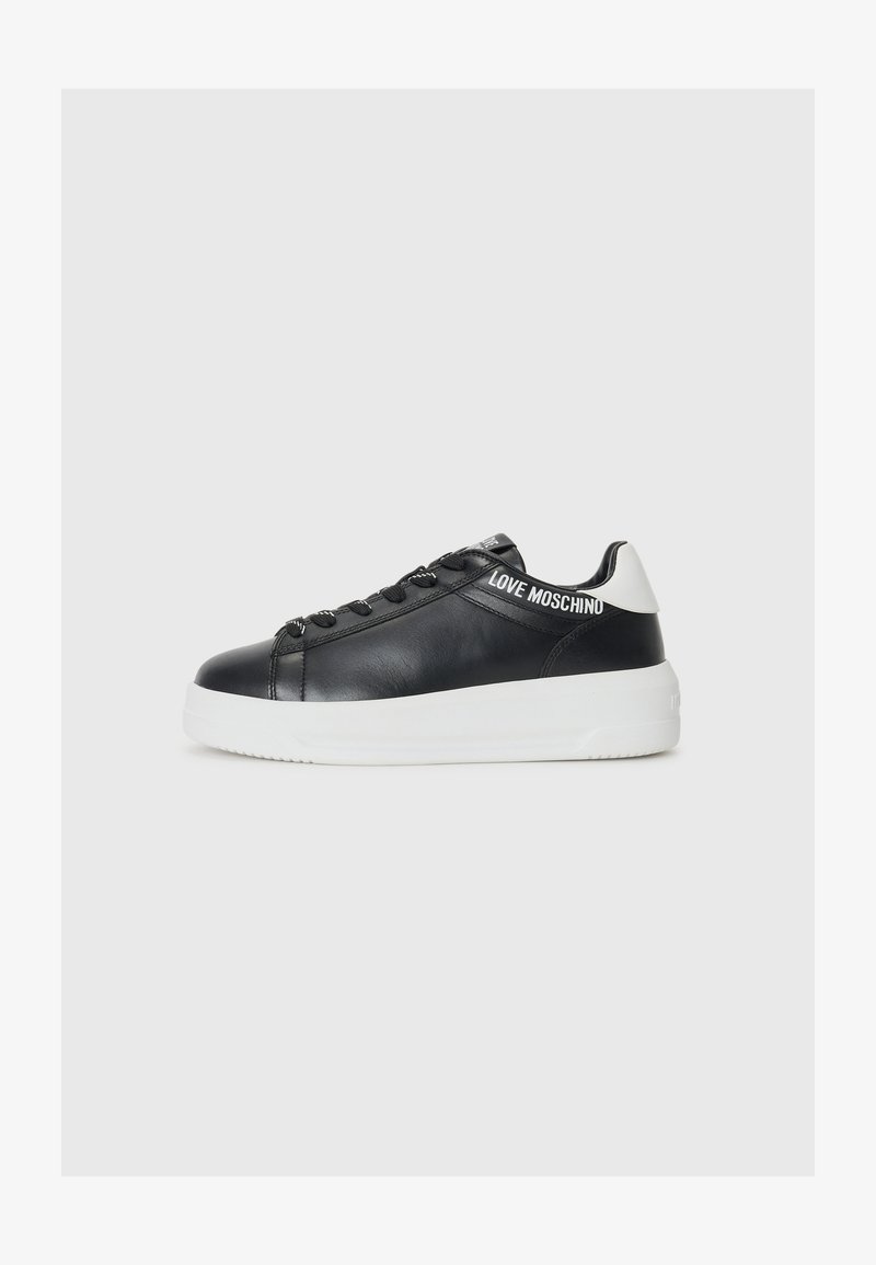 Black leather sneaker with white sole, rounded toe, and black laces. Features white "LOVE MOSCHINO" branding on the tongue and heel.
