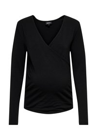 Black long-sleeve maternity top made from soft, stretchy fabric; features a V-neck and a wrap design with gathered side detail.
