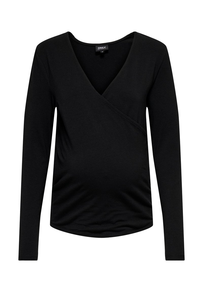 Black long-sleeve maternity top made from soft, stretchy fabric; features a V-neck and a wrap design with gathered side detail.