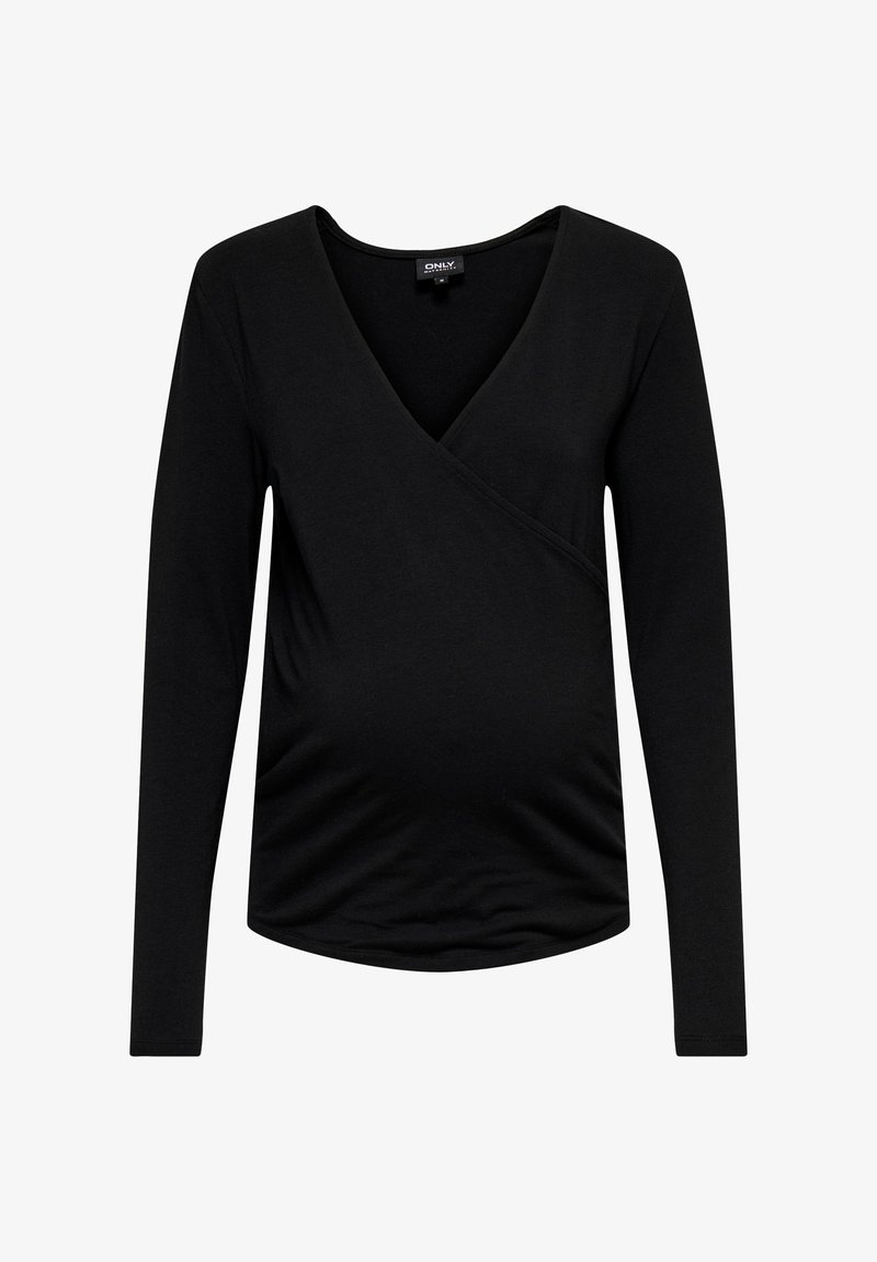 Haut de maternité noir à manches longues fabriqué dans un tissu doux et extensible ; comprend un col en V et un design croisé avec un détail froncé sur le côté.