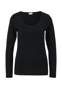 Langärmliges schwarzes T-Shirt aus Baumwolle, mit Rundhalsausschnitt und taillierter Passform, das eine glatte Textur aufweist. Einfach und in einfarbig.