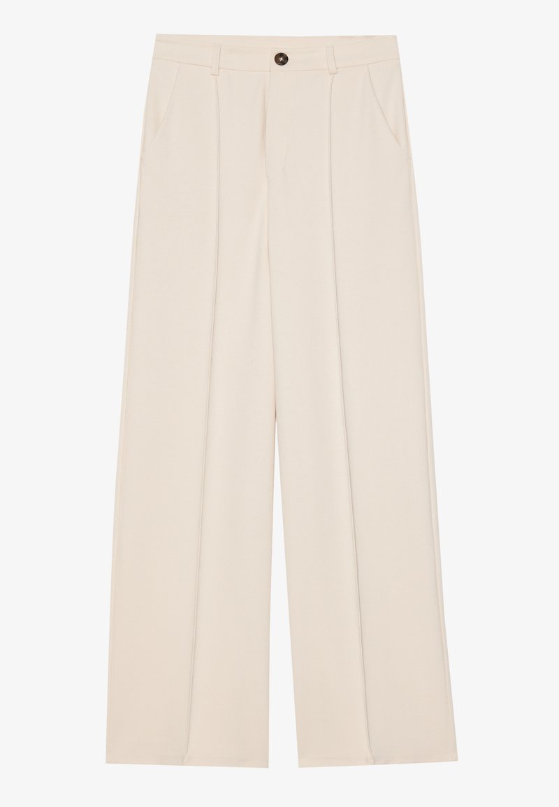 Hoge taille, wijde pijpen broek van crèmekleurige stof, met twee zijzakken, een enkele knoop aan de voorkant en geplooide details aan de voorkant.