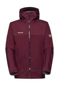 Giacca impermeabile bordeaux con colletto alto, zip frontale e logo Mammut. Presenta un tessuto testurizzato sulle maniche e un design del corpo in tinta unita.