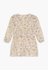 Blumenkleid aus hellpinkem Stoff, mit gelben und grauen Blumenmustern, langen Ärmeln, einer taillierten Taille und einem Knopfverschluss auf der Rückseite.