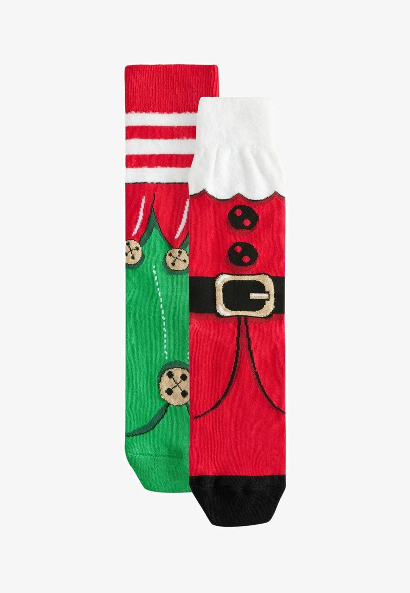 Weihnachtlich gestaltete Socken: Eine grüne mit roten Akzenten und Glockendesigns, die andere rot mit schwarzen und weißen Details, die dem Anzug des Weihnachtsmannes ähneln.