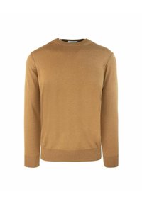 Maglione a collo tondo, maniche lunghe in una calda tonalità di marrone chiaro. Tessuto liscio, polsini e orlo a coste, materiale leggero senza fantasie né accenti.