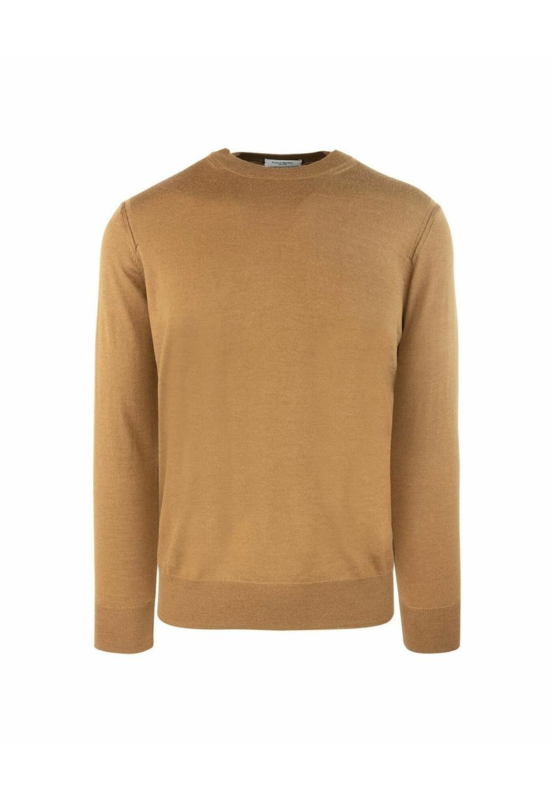 Maglione a collo tondo, maniche lunghe in una calda tonalità di marrone chiaro. Tessuto liscio, polsini e orlo a coste, materiale leggero senza fantasie né accenti.