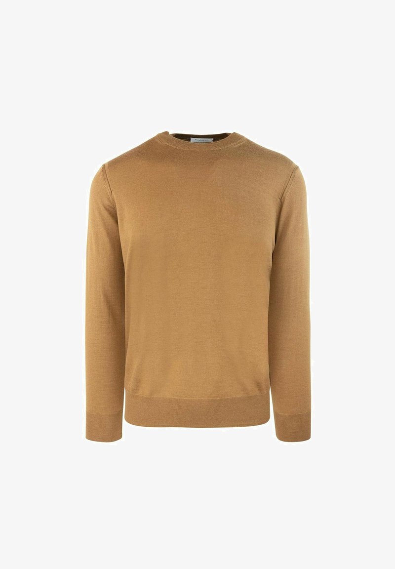 Maglione a collo tondo, maniche lunghe in una calda tonalità di marrone chiaro. Tessuto liscio, polsini e orlo a coste, materiale leggero senza fantasie né accenti.