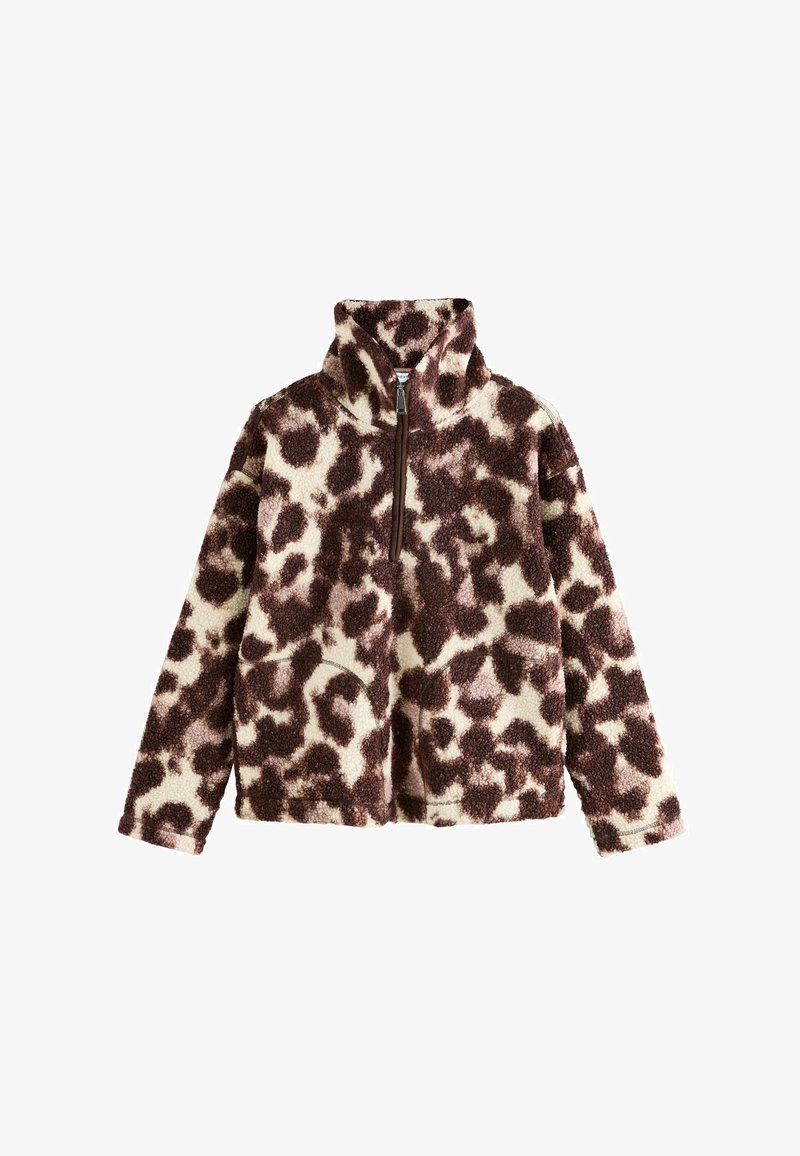 Veste en polaire avec imprimé léopard brun et crème, fermeture éclair à l'avant, col haut et manches longues.