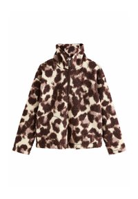 Fleece bunda s hnedo a krémovo sfarbeným leopardím vzorom, predný zips, vysoký golier a dlhé rukávy.