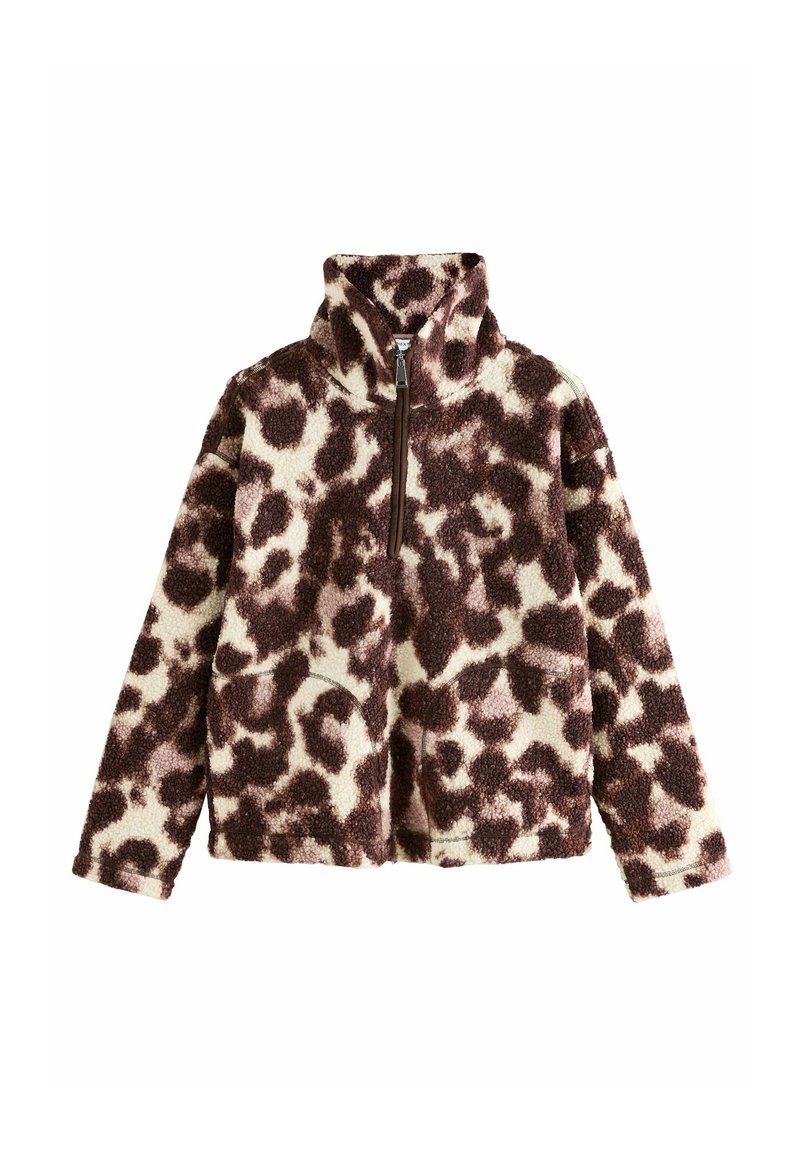 Fleece bunda s hnedo a krémovo sfarbeným leopardím vzorom, predný zips, vysoký golier a dlhé rukávy.