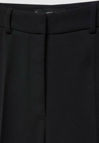 Black tailored trousers with a smooth, woven fabric. Features a flat front, straight legs, and subtle stitched details along the seams.