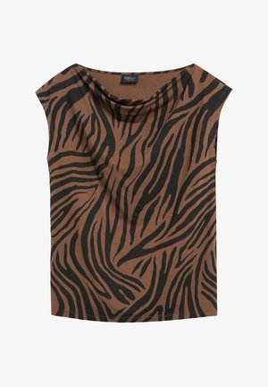 Brązowy top bez rękawów z czarnym abstrakcyjnym wzorem zebra i luźnym, drapowanym dekoltem.