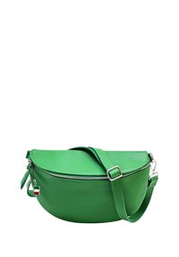 Groene leren tas met een ronde vorm, ritssluiting, verstelbare schouderband en een klein accent van de Italiaanse vlag. De textuur van het oppervlak voegt diepte toe.