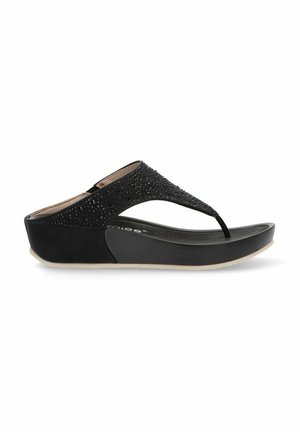 Sandal tipo chancla negra con adornos brillantes en la tira superior, plantilla acolchada y tacón en cuña. Suela de goma suave.