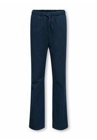 Pantalon en mélange de coton bleu marine avec une taille élastique et un cordon de serrage réglable, présentant un design à jambe droite et une texture douce.