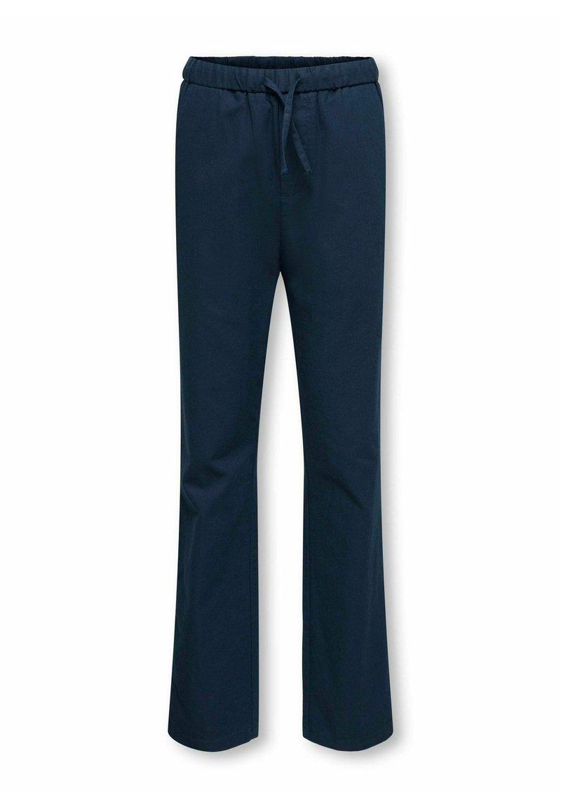Pantalon en mélange de coton bleu marine avec une taille élastique et un cordon de serrage réglable, présentant un design à jambe droite et une texture douce.