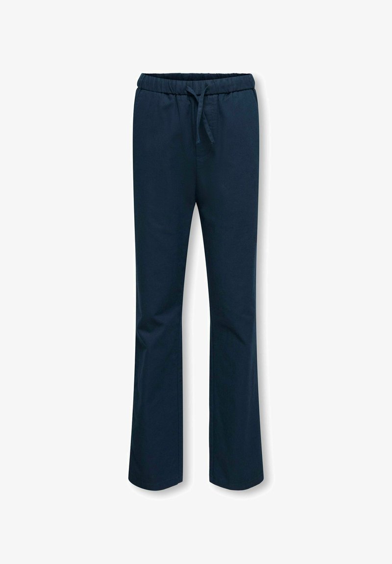 Pantalon en mélange de coton bleu marine avec une taille élastique et un cordon de serrage réglable, présentant un design à jambe droite et une texture douce.