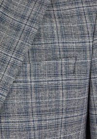 Blazer gris présentant un motif à carreaux avec des lignes bleues et blanches. Tissu texturé avec une profondeur subtile et une coupe ajustée.