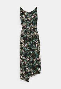 Czarna sukienka z motywem łańcucha w kolorach zielonym, różowym i beżowym. Posiada dopasowany gorset, szerokie ramiączka i asymetryczny dół.