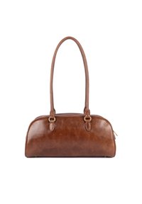 Borsa a mano in pelle marrone con forma arrotondata, doppio manico, finiture in metallo dorato e una superficie liscia. Chiusura zip sulla parte superiore.