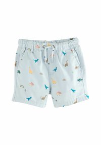 Hellblaue Shorts mit elastischem Bund und Kordelzug. Mit Dinosaurier- und Regenbogenmustern. Hergestellt aus leichtem, atmungsaktivem Stoff.