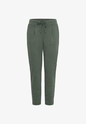 Green, soft fabric joggers featuring an elastic waistband with a drawstring, two side pockets, and tapered legs.