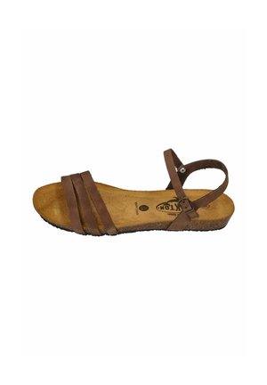 Braune flache Ledersandale mit drei vorderen Riemen und verstellbarem Knöchelriemen, mit korkstrukturierter Innensohle und schwarzer Sohle.