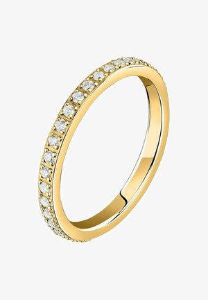 Goldring mit einem glatten Band, das eine Reihe klarer, runder Zirkonia-Steine aufweist, die in einem Krappen-Design entlang des äußeren Randes eingesetzt sind.