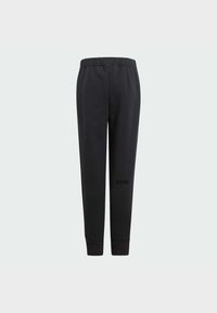Pantalons de survêtement noirs avec une coupe décontractée, une taille élastique et des ourlets à revers. Présente un logo discret sur la jambe gauche. Tissu lisse et extensible.