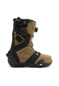 Snowboardová bota s hnědým a černým povrchem, texturovaným povrchem, nastavovacím uzávěrem na kolečku a drážkovanou podrážkou pro lepší přilnavost.