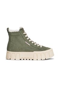 Baskets montantes vert olive avec des lacets blancs, semelle épaisse beige et doublure en polaire blanche, présentant une petite étiquette "Tommy Jeans".