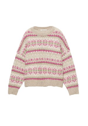 Strickpullover in Beige mit rosa und grünen Fair Isle Mustern. Verfügt über einen runden Ausschnitt und eine lässige Passform mit gerippten Bündchen und Saum.