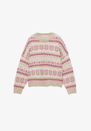 Sweter robiony na drutach w kolorze beżowym z różowymi i zielonymi wzorami Fair Isle. Posiada okrągły dekolt oraz luźny krój z ściągaczami na mankietach i u dołu.