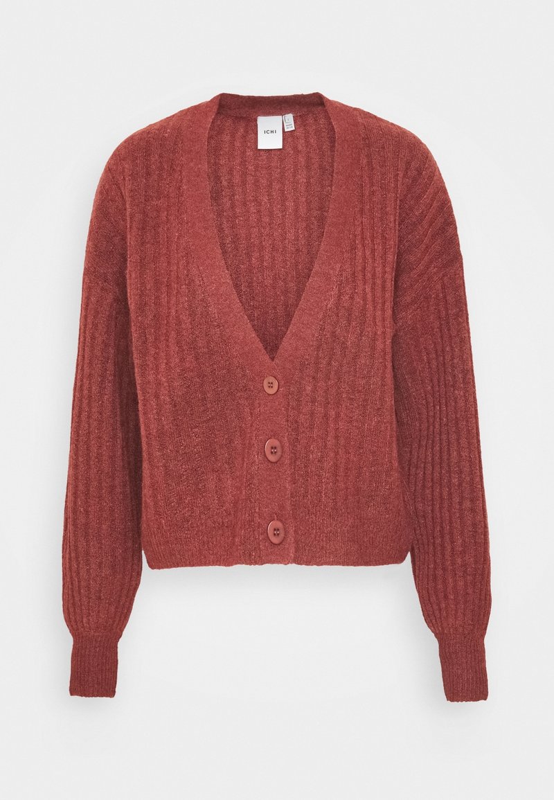 Red ribbed cardigan with a deep V-neck, long sleeves, and four front buttons. Made from a soft, textured fabric. Cropped fit.