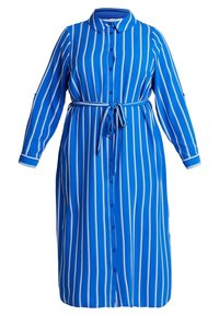 Abito a righe blu con maniche lunghe, apertura a bottoni, collare e vita con cinto per definire la forma. Presenta righe verticali bianche e un tessuto morbido.