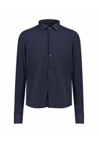 Camicia blu navy a maniche lunghe realizzata in tessuto liscio, con colletto, chiusura frontale con bottoni e polsini aderenti con orlo dritto.