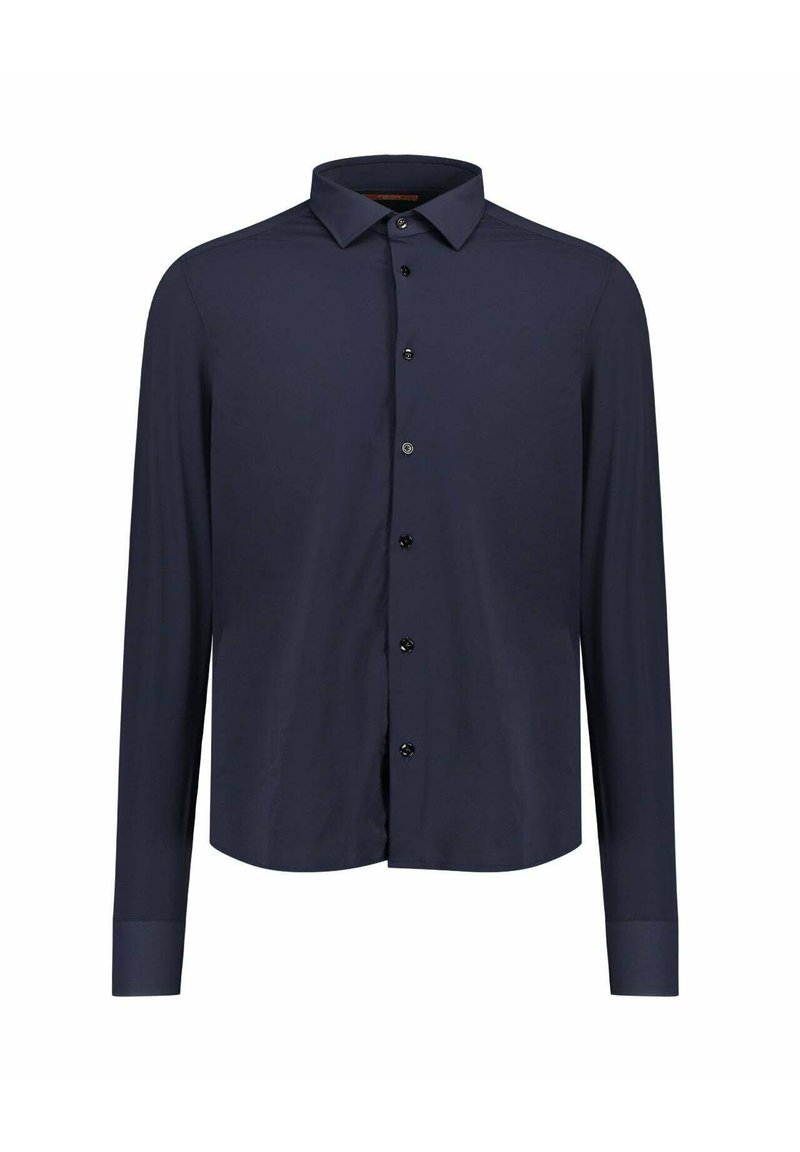 Camicia blu navy a maniche lunghe realizzata in tessuto liscio, con colletto, chiusura frontale con bottoni e polsini aderenti con orlo dritto.