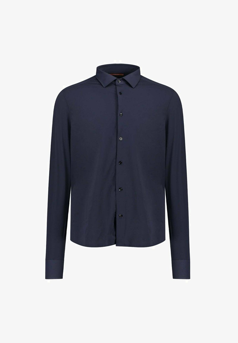 Camicia blu navy a maniche lunghe realizzata in tessuto liscio, con colletto, chiusura frontale con bottoni e polsini aderenti con orlo dritto.