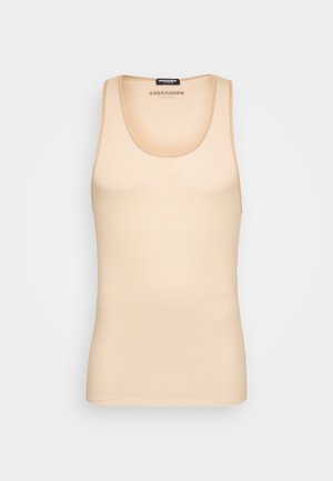 Nøgen tanktop lavet af glat stof med rund halsudskæring og uden ærmer. Enkel, tætsiddende form uden synlige mønstre eller dekorative elementer.