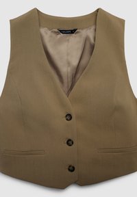 Gilet marrone senza maniche con scollo a V, dotato di fodera interna liscia, quattro bottoni neri e due tasche frontali.